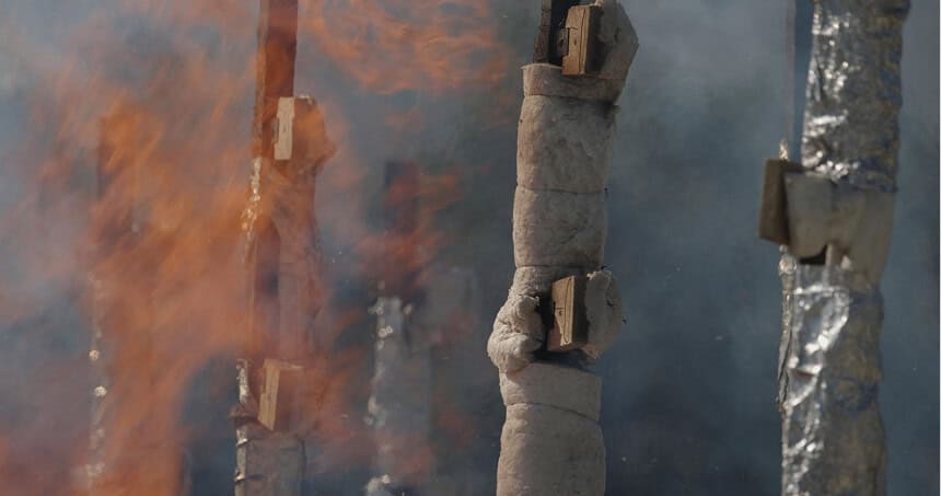Burning kindling wood at fire experiment