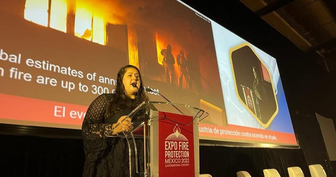 Fire safety lecture at a fire safety conference.